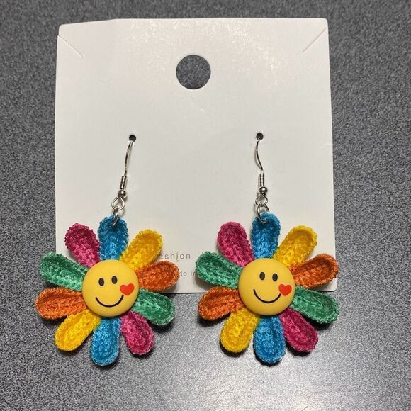 New Smiley Face colorful dangle earrings boho rainbow - Picture 1 of 7